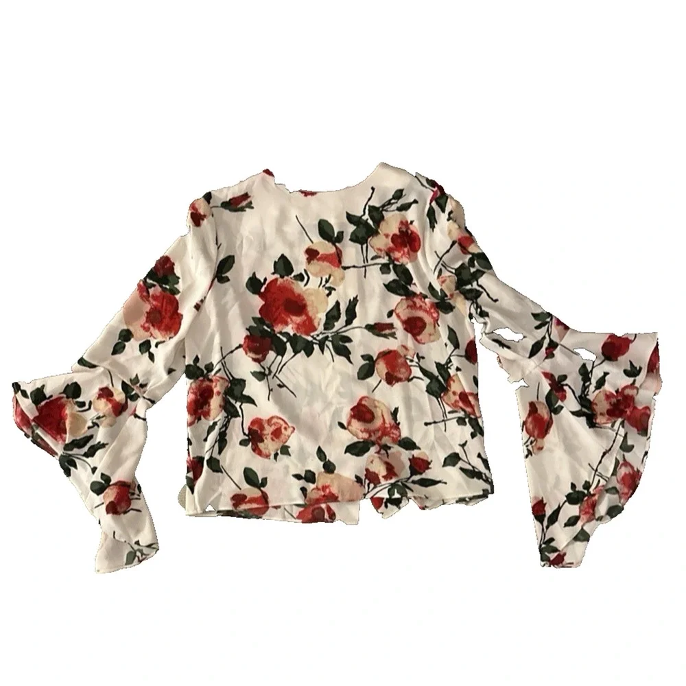Carmen Marc Valvo Blouse Top Shirt Bell Sleeve White Floral Button Back Size 10 - Picture 1 of 7